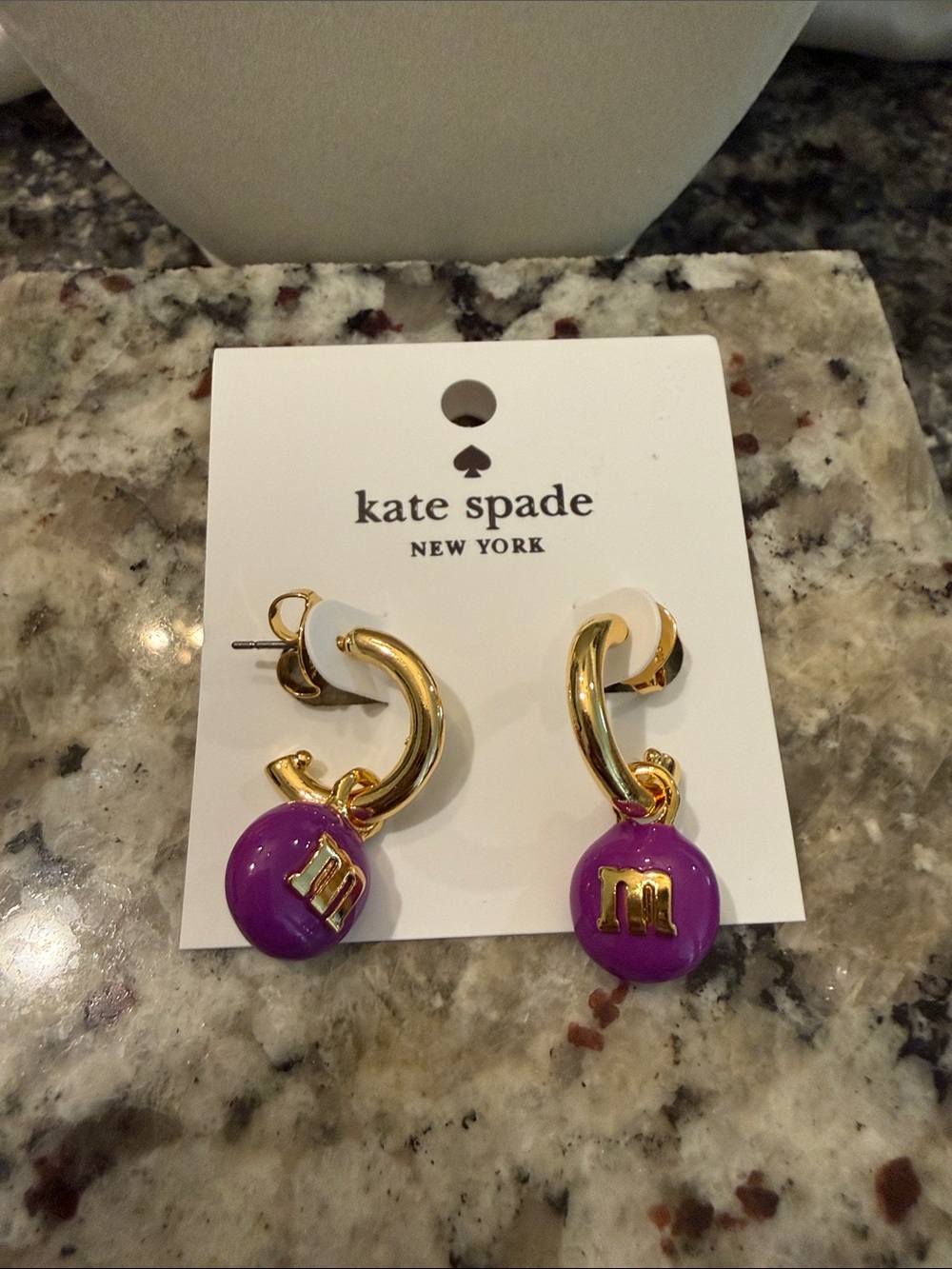 kate spade Gold-tone Hoop Earrings with Purple Enamel M & M Charms